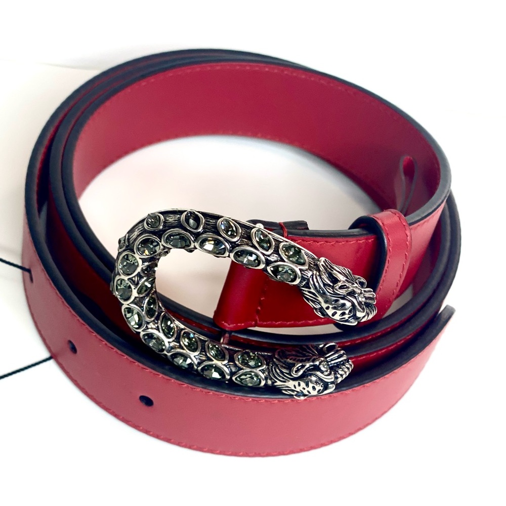 Iconic Dionysus Leather Belt Tiger head buckle encrusted with crystals.